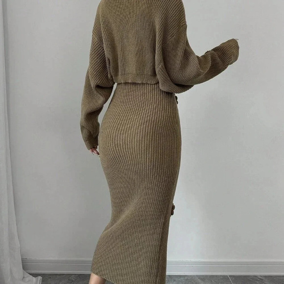 Coffee Brown Casual Women's Floral Camisole Sweater Dress And Cardigan Set - Picture 2 of 6